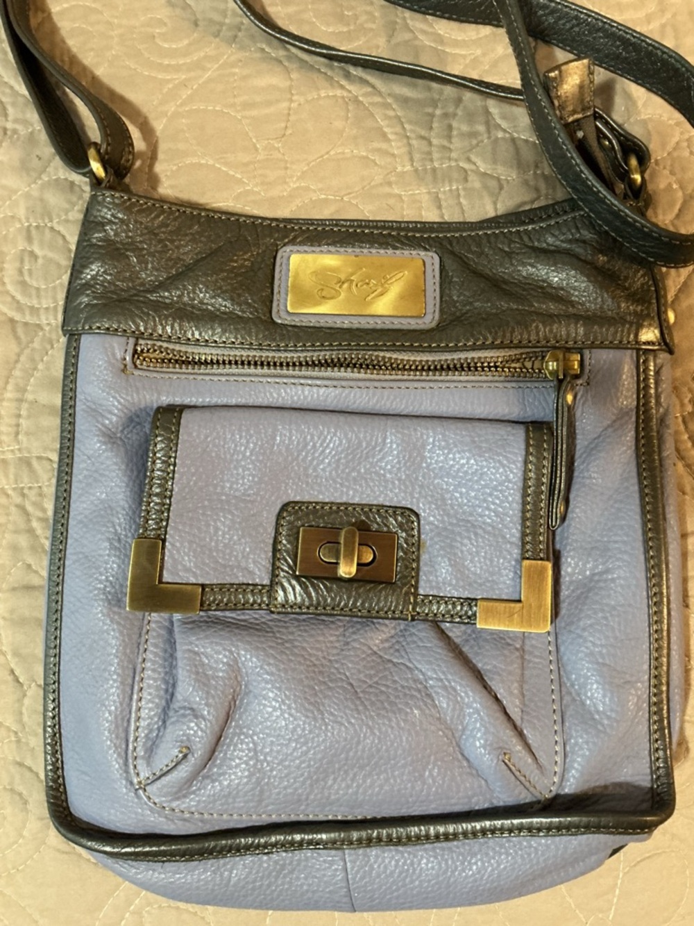 SHARIF Leather Lavender Crossbody Bag with Olive Trim